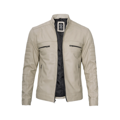 Beige Men Cafe Racer Real Leather Jacket