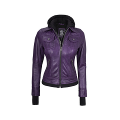 Betty Women's Purple Leather Jacket with Removable Hood