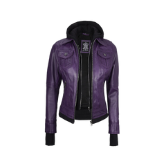 Betty Women's Purple Leather Jacket with Removable Hood