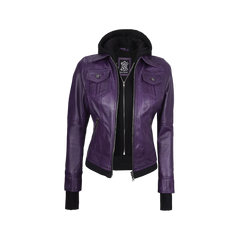 Betty Women's Purple Leather Jacket with Removable Hood