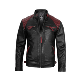 Men's Black and Burgundy Quilted Cafe Racer Leather Jacket