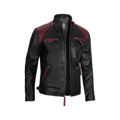 Men's Black and Burgundy Quilted Cafe Racer Leather Jacket