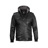 Black Bomber Men's Leather Jacket with Removable Hood