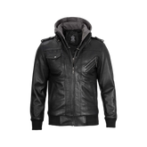 Black Bomber Men's Leather Jacket with Removable Hood