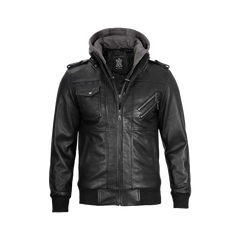 Black Bomber Men's Leather Jacket with Removable Hood