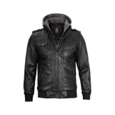 Black Bomber Men's Leather Jacket with Removable Hood