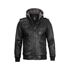 Black Bomber Men's Leather Jacket with Removable Hood