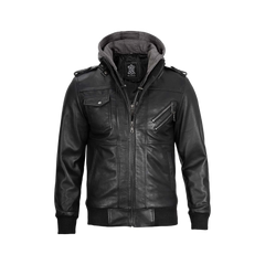 Black Bomber Men's Leather Jacket with Removable Hood