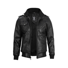 Black Bomber Men's Leather Jacket with Removable Hood