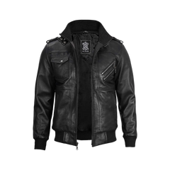 Black Bomber Men's Leather Jacket with Removable Hood