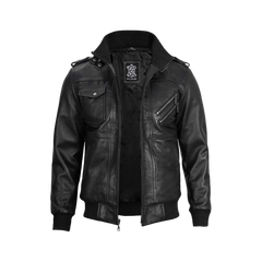 Black Bomber Men's Leather Jacket with Removable Hood