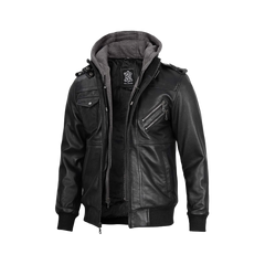 Black Bomber Men's Leather Jacket with Removable Hood