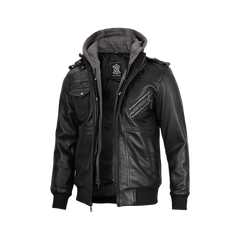 Black Bomber Men's Leather Jacket with Removable Hood