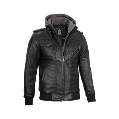 Black Bomber Men's Leather Jacket with Removable Hood