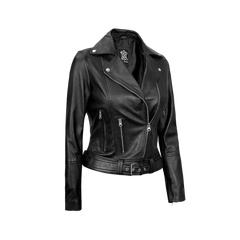 Black Leather Asymmetrical Biker Jacket Women