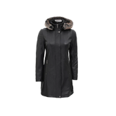Black Leather Hooded Shearling Coat for Women