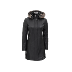 Black Leather Hooded Shearling Coat for Women