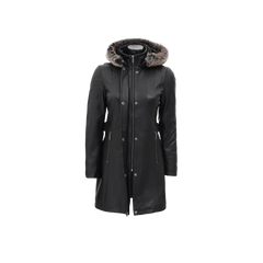 Black Leather Hooded Shearling Coat for Women