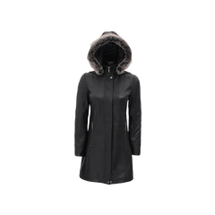 Black Leather Hooded Shearling Coat for Women