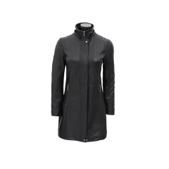 Black Leather Hooded Shearling Coat for Women