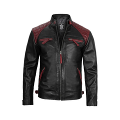 Men's Black and Burgundy Quilted Cafe Racer Leather Jacket