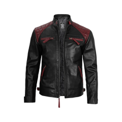 Men's Black and Burgundy Quilted Cafe Racer Leather Jacket