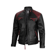 Men's Black and Burgundy Quilted Cafe Racer Leather Jacket