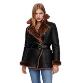 Black Women's Winter Leather Jacket with Shearling Lining