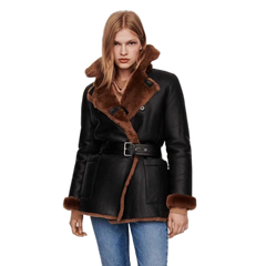 Black Women's Winter Leather Jacket with Shearling Lining