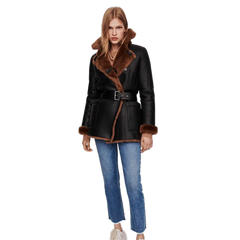 Black Women's Winter Leather Jacket with Shearling Lining