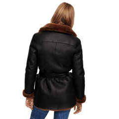 Black Women's Winter Leather Jacket with Shearling Lining