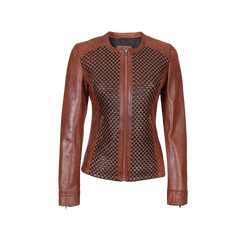 Brown Women's Textured Leather Cafe Racer Jacket