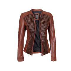 Brown Women's Textured Leather Cafe Racer Jacket