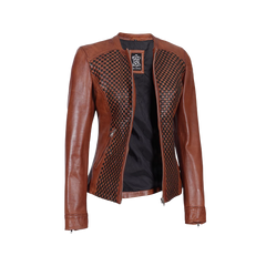 Brown Women's Textured Leather Cafe Racer Jacket