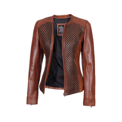 Brown Women's Textured Leather Cafe Racer Jacket