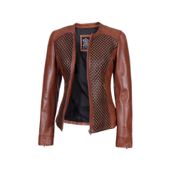 Brown Women's Textured Leather Cafe Racer Jacket