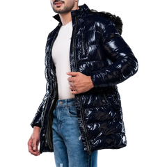 Carlos Men's Navy Blue Duck Down Insulated Jacket with Hood