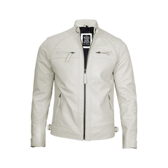 Classic Men's Off White Real Leather Cafe Racer Biker Jacket