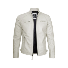 Classic Men's Off White Real Leather Cafe Racer Biker Jacket