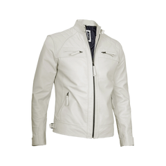 Classic Men's Off White Real Leather Cafe Racer Biker Jacket