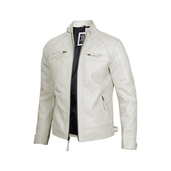 Classic Men's Off White Real Leather Cafe Racer Biker Jacket