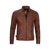 Cognac Brown Cafe Racer Leather Jacket for Men
