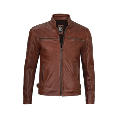 Cognac Brown Cafe Racer Leather Jacket for Men