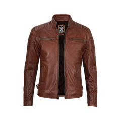 Cognac Brown Cafe Racer Leather Jacket for Men