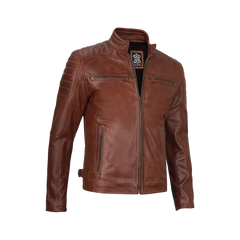 Cognac Brown Cafe Racer Leather Jacket for Men