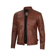 Cognac Brown Cafe Racer Leather Jacket for Men
