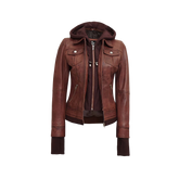 Dark Brown Women's Bomber Leather Jacket with Removable Hood