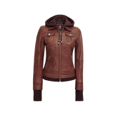 Dark Brown Women's Bomber Leather Jacket with Removable Hood
