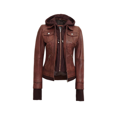 Dark Brown Women's Bomber Leather Jacket with Removable Hood