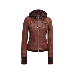 Dark Brown Women's Bomber Leather Jacket with Removable Hood